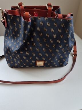 Dooney & Bourke Navy Logo Bucket Bag with Brown Leather Trim and Strap